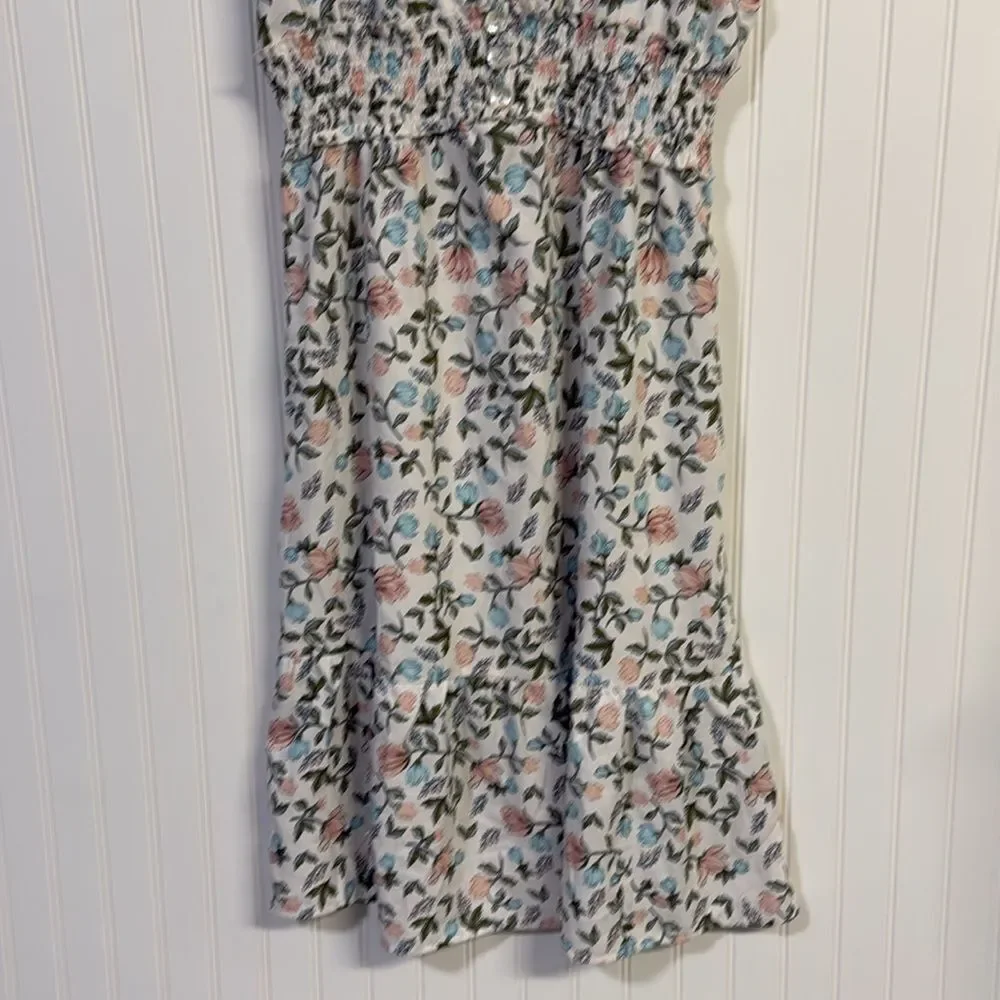 NWT GOGO Time To Bloom Floral White Cap Sleeve Midi Dress Ruched Tiered - Picture 3 of 9
